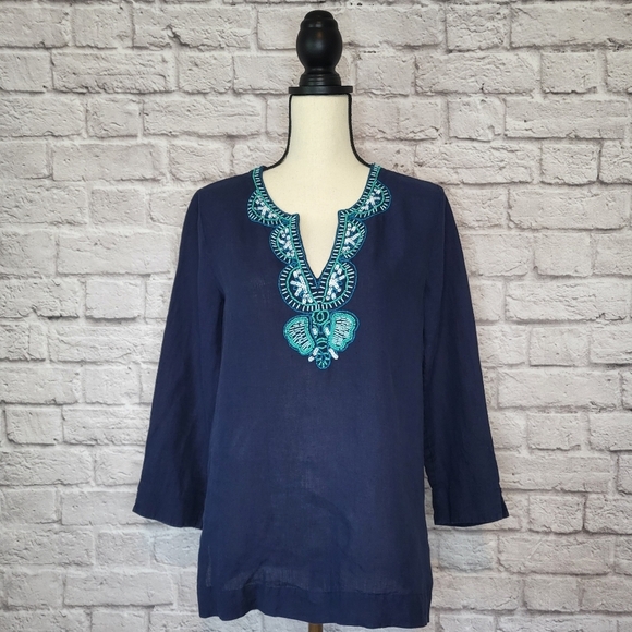 Lilly Pulitzer Top Amelia Island Blue Turquoise White Beaded Linen Tunic Size S - Picture 2 of 7